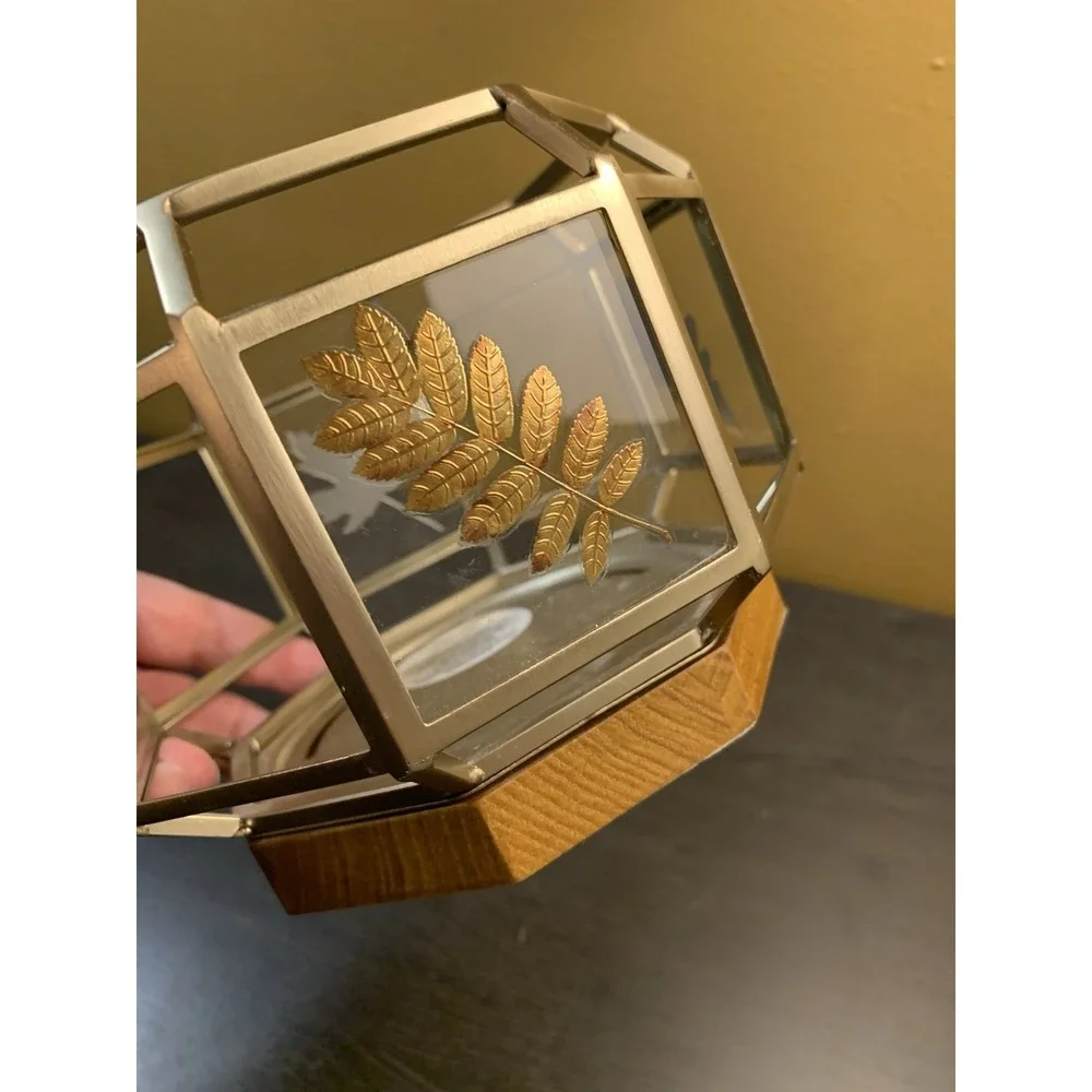 Bath & Body Works Candle Holder Gold Leaves Octagon Shaped Fall Autumn Wood Base - Picture 8 of 10
